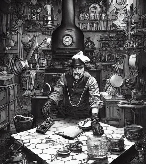 Image similar to beautiful willie wonka cooking meth black and white drawing, in the style of greg rutkowski, fantasy, amazing detail, epic, intricate, elegant, smooth, sharp focus