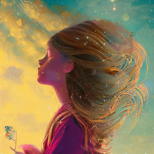 Image similar to A beautiful illustration of a young girl with long flowing hair, looking up at the stars. She appears to be dreaming or lost in thought. mariachi, medieval parchment by Scott Naismith, by Lorenz Hideyoshi, by Michael Whelan vfx, beautiful