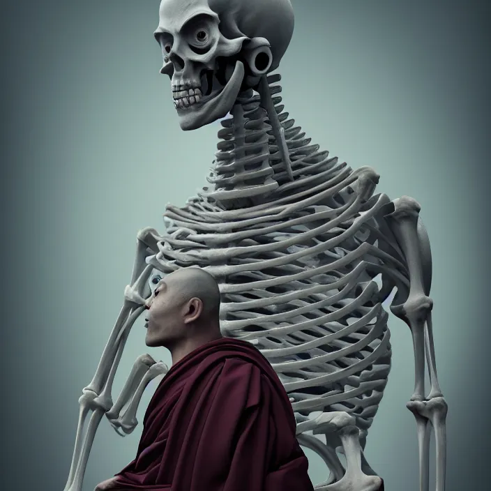 Image similar to portrait of Buddhist Monk as skeleton. intricate abstract. intricate artwork. by Tooth Wu, wlop, beeple, dan mumford. octane render, trending on artstation, greg rutkowski very coherent symmetrical artwork. cinematic, hyper realism, high detail, octane render, 8k, iridescent accents