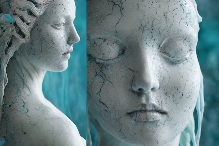 Image similar to a sculpture of a beautiful woman with flowing tears, turquoise fractal flowers on the skin, intricate, a marble sculpture by nicola samori, behance, neo - expressionism, marble sculpture, made of mist, still frame from the prometheus movie by ridley scott with cinematogrophy of christopher doyle, arri alexa, 8 k