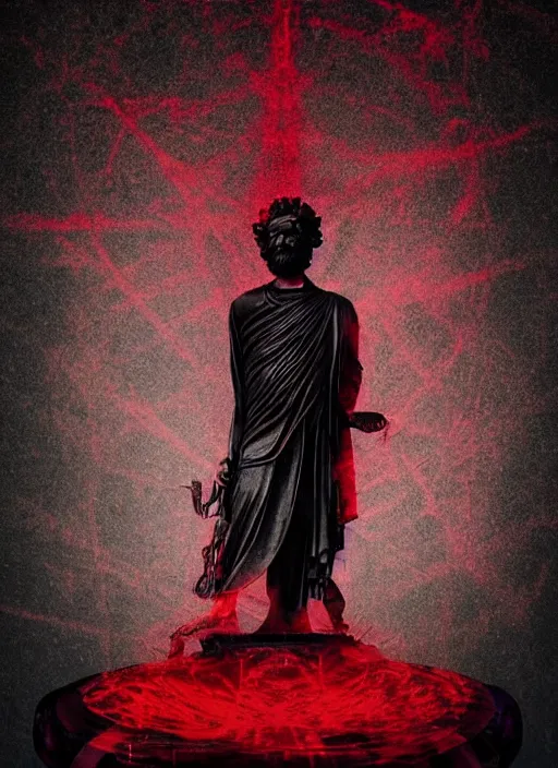 Prompt: dark design poster showing a statue of marcus aurelius, black background with very subtle red and purple design elements, powerful, nekro, vito acconci, thin straight lines, dark, glitch art, neo vaporwave, gritty, layout frame, square, trending on artstation