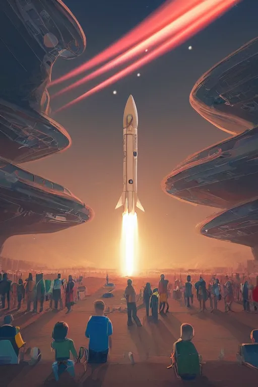 Prompt: people wait for a rocket launch, retro, soft colours, on a far planet, futuristic space port, artstation, concept art, smooth, sharp focus, illustration,