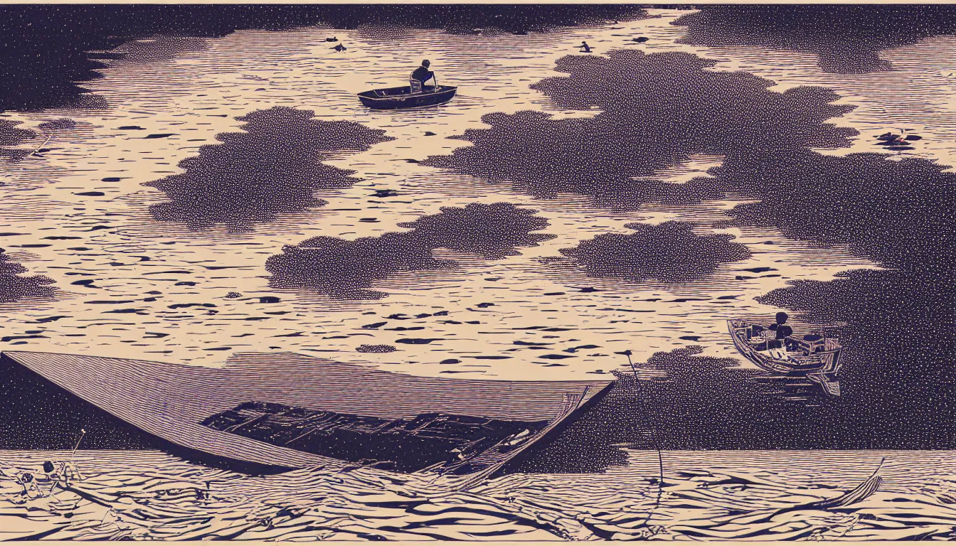 Image similar to one boat floating in the lake by woodblock print, nicolas delort, moebius, victo ngai, josan gonzalez, kilian eng