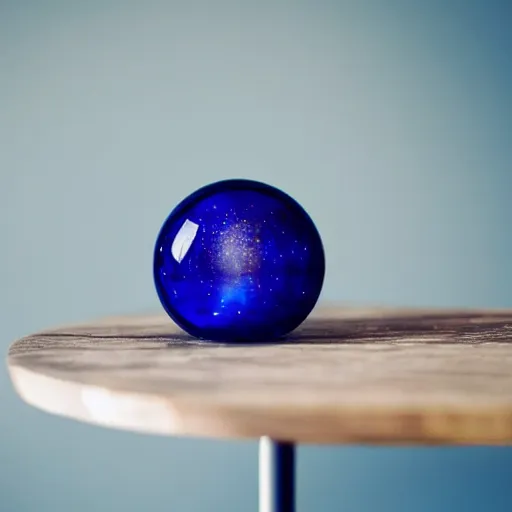 Prompt: glasball on a table with the galaxy inside