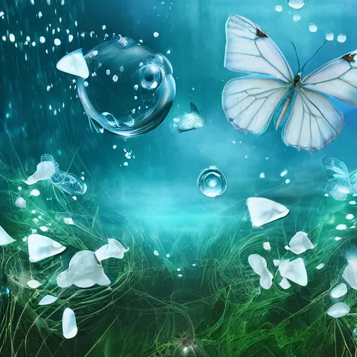 Prompt: ethereal scene pale blue butterflies comercial hd underwater bubbles! photography digital art animation 3 d