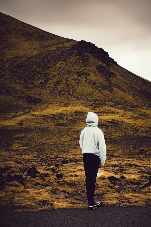 Image similar to kodak color plus 2 0 0 photograph of a skinny guy looking at beautiful iceland scenery, back view, vaporwave colors, grain, moody lighting, moody aesthetic,