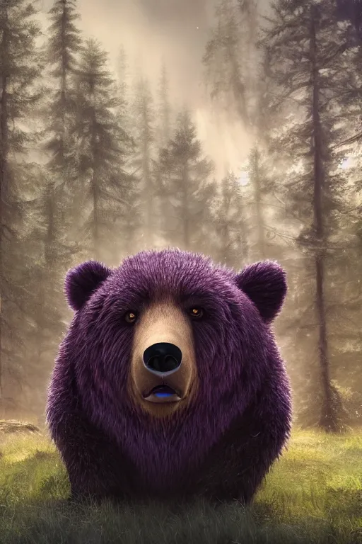 Prompt: Trinket the bear, magical, forest, evening, Vox Machina, Critical Role, purple mist, symmetrical face, large eyes, hyper realistic, digital art, octane render, trending on artstation, artstationHD, artstationHQ, unreal engine, 4k, 8k