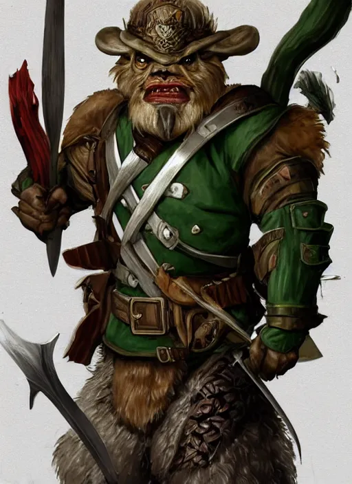 Image similar to strong young man, photorealistic bugbear ranger holding sword, fire magic, black beard, dungeons and dragons, pathfinder, roleplaying game art, hunters gear, jeweled ornate leather and steel armour, concept art, character design on white background, by norman rockwell, makoto shinkai, kim jung giu, artstation trending, poster art, colours red and green