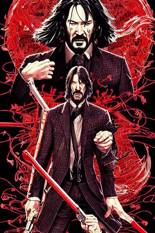 Image similar to poster of john wick as a samurai, by yoichi hatakenaka, masamune shirow, josan gonzales and dan mumford, ayami kojima, takato yamamoto, barclay shaw, karol bak, yukito kishiro