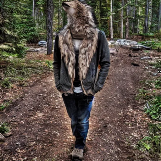 Prompt: human! wolf werecreature, photograph captured at woodland creek