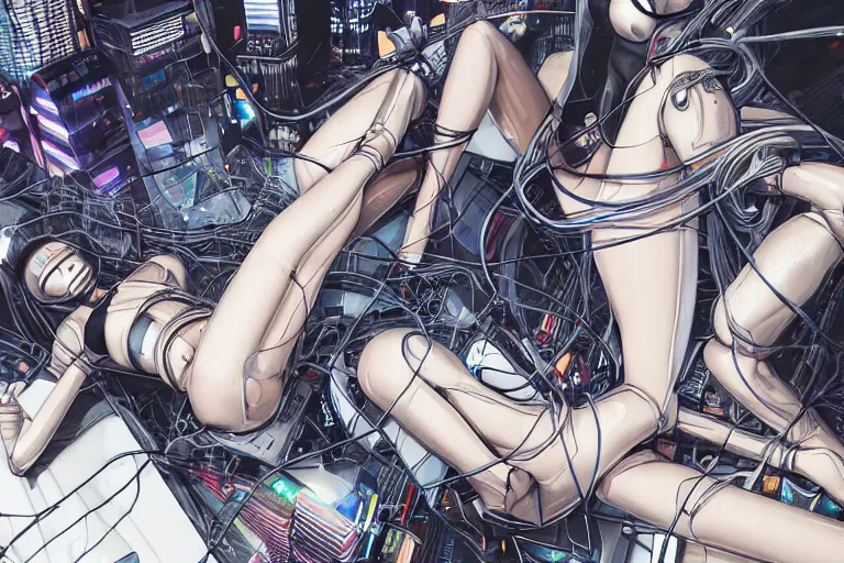 Image similar to a finely composed cyberpunk illustration of a group of white female androids' in style of hajime sorayama, lying on an abstract, empty, white floor with their body parts scattered around and cables and wires coming out, by katsuhiro otomo and masamune shirow, hyper-detailed, colorful, view from above, wide angle, close up, spacious