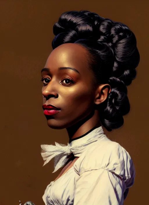 Image similar to a portrait of a young black woman with a crooked nose in victorian clothing, confident pose, intricate, elegant, sharp focus, illustration, highly detailed, concept art, matte, trending on artstation, anime, art by james jean and artgerm and brian despain and alberto mielgo, greg rutkowski, wlop, ilya kuvshinov, strong strokes