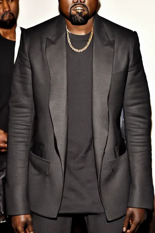 Image similar to kanye west wearing a suit made of steak, runway photo