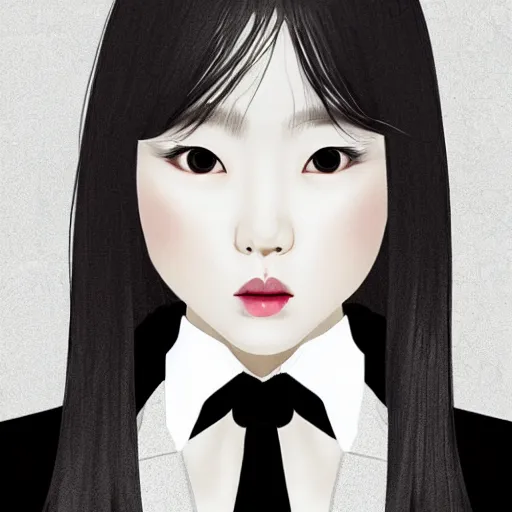 Image similar to portrait of a beautiful korean girl wearing a men's tuxedo, with long hair and bangs, angular features, angry expression, digital art, elegant pose, detailed illustration