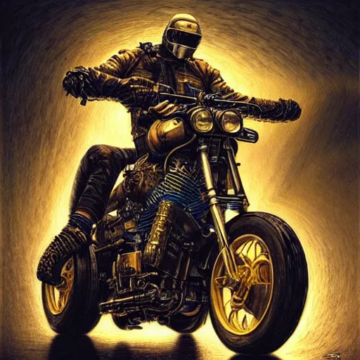 Image similar to cyberpunk motorbiker, atmospheric lighting, painted, intricate, golden hour, ultra detailed by peter gric, giger, enki bilal