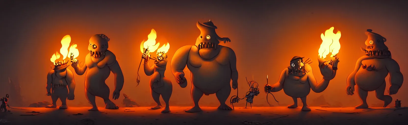 Image similar to uncanny whimsical savage mutants from the depths of a vast wasteland in the collective unconscious, dramatic lighting from fiery torches, surreal fleischer cartoon characters, shallow dof, surreal painting by ronny khalil