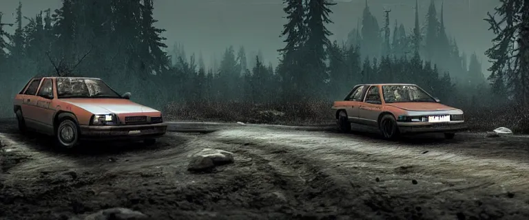 Prompt: Scrap Audi 80 B3 Avant (1988) facing a strider, Half-Life 2: Episode 2 (PC), a post-apocalyptic outland, White Forest, dramatic lighting, cinematic, establishing shot, extremely high detail, photorealistic, cinematic lighting, artstation, by simon stalenhag