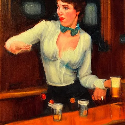 Prompt: a painting of a female drunk in a bar. by randolph hewton and edward robert hughes. trending on artstation, highly detailed, volumetric lightning, cinematic lightning