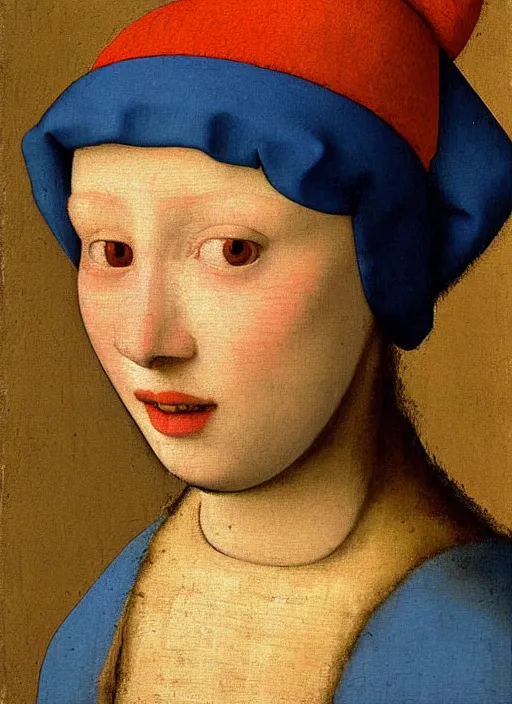 Image similar to red hat, medieval painting by jan van eyck, johannes vermeer