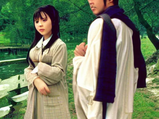 Image similar to full - color still from a 2 0 0 2 live - action tv drama adaptation of haibane renmei. cozy ; peaceful ; bucolic ; quaint.