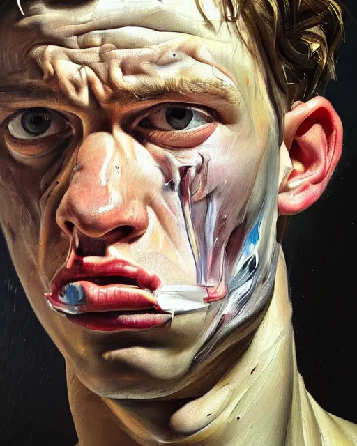 Image similar to a close up portrait a very ordinary young man with an angry expression, high angle, facing front, looking down, by Lucian Freud and Jenny Saville, oil painting, anatomically correct, beautiful perfect face, visible brushstrokes, sharp focus, Highly Detailed, Cinematic Lighting, 8k, HD