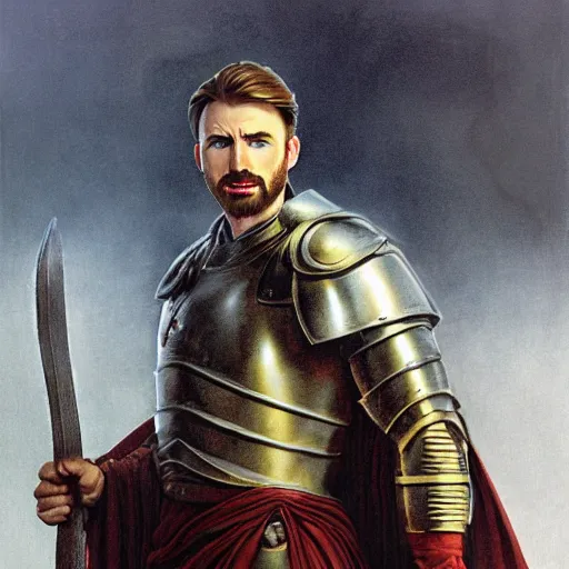 Image similar to half length portrait of chris evans as a martial cleric in plate armor, morningstar, d & d, medieval, fantasy, greg rutkowski, frank frazetta, alexandre chaudret, boris vallejo, michael whelan, miro petrov, hr giger