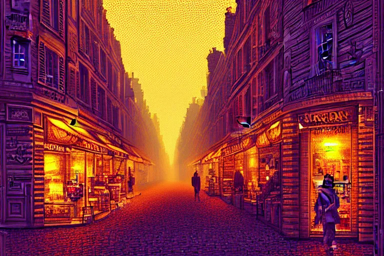 Image similar to a city street in paris under the dark sun, beautiful detailed pixelart by albertov, intricate details, beautiful, dithered gradients, volumetric lighting, cgsociety, artstation, smooth, sharp focus, 2 d illustration, amazing art by dan mumford