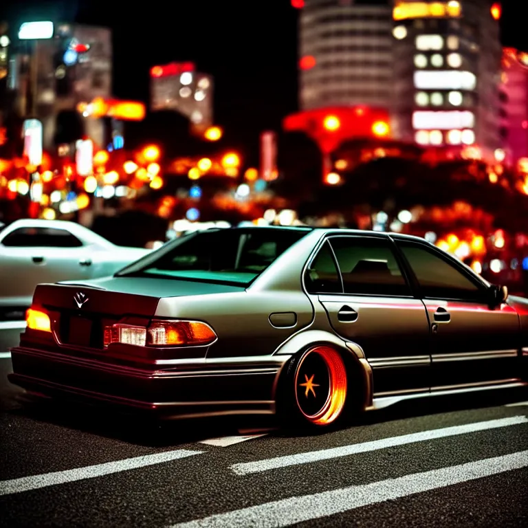 Image similar to close-up-photo Toyota chaser turbo illegal roadside night meet, work-wheels, Shibuya shibuya, cinematic color, photorealistic, deep dish wheels, highly detailed night photography