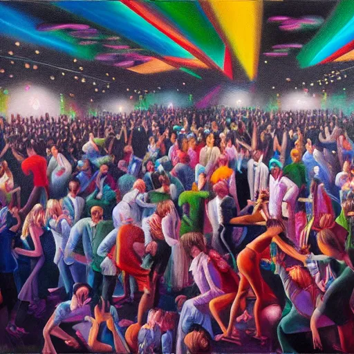 Image similar to a soft comfy bed, on the dancefloor at a disco, oil painting, hyperdetailed