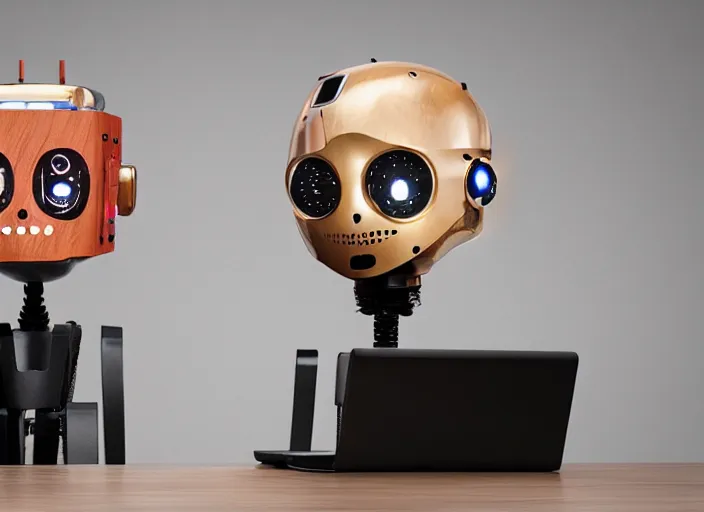 Image similar to A severed human head. also, a Robot, business meeting