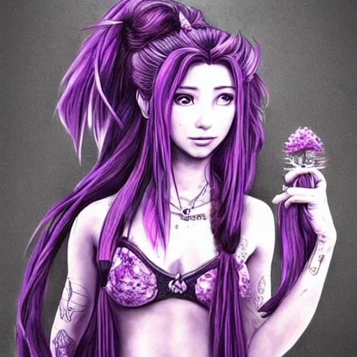 Image similar to concept art of aerith gainsborough with long purple hair, tattoos, amongst marijuana, high quality, detailed, trending on artstartion