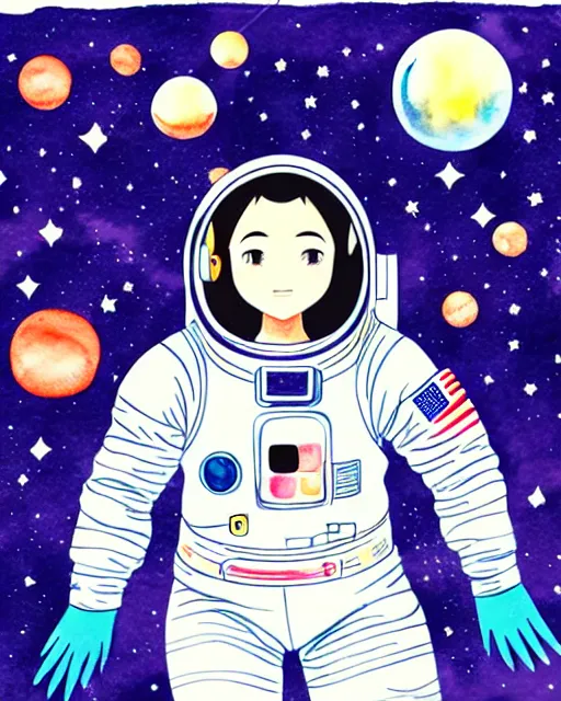 Prompt: oriental water color of a cute thicc female astronaut, floating through space, backlit, realistic anime