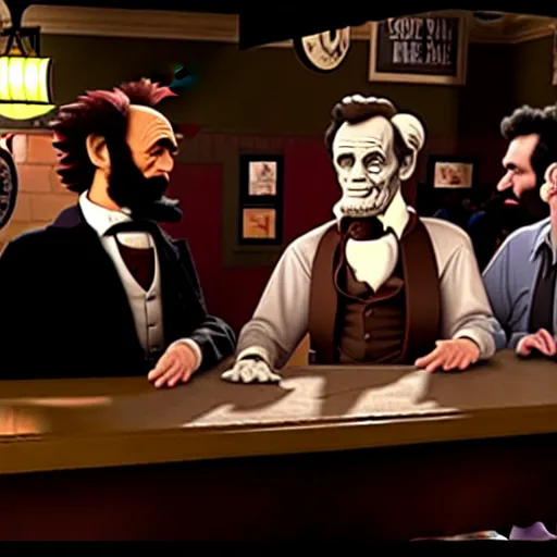 Image similar to The It's Always Sunny in Philadelphia episode where the gang meets Abe Lincoln Dee is there with Mac and so is Dennis they are at the bar, photo realistic, studio lighting, It's Always Sunny in Philadelphia