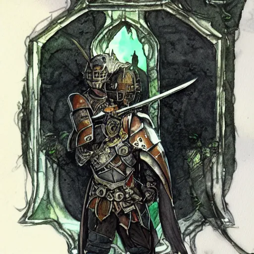 Image similar to watercolor, final fantasy tactics character design, knight wearing plate armor, knight wearing helmet, character portrait, evil, shrouded in pitch black darkness, harry clarke artwork