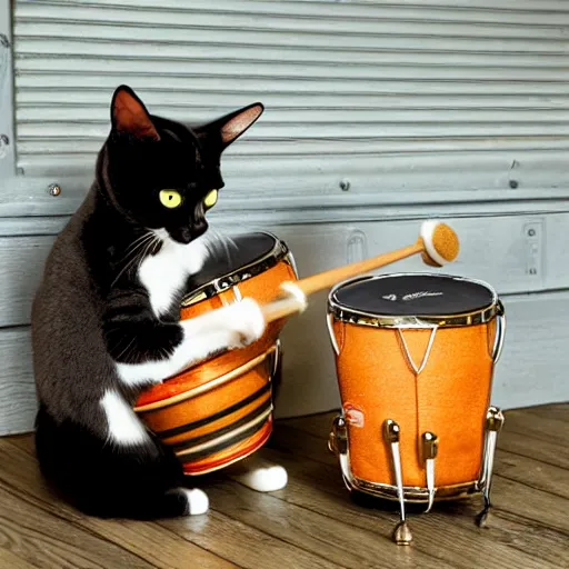 Image similar to a cat playing the bongos, stock photo