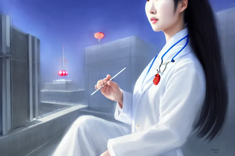 Image similar to an elegant and beautiful chinese female doctor like liying zhao in a white coat in front of a hospital building, cinematic, highly detailed, digital painting, artstation, concept art, matte, sharp focus, illustration, art by artgerm and greg rutkowski