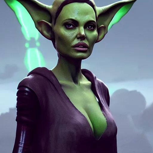 Image similar to a green angelina jolie with yoda ears greg rutkowski and jason chan highly detailed cinematic lighting octane render unreal engine