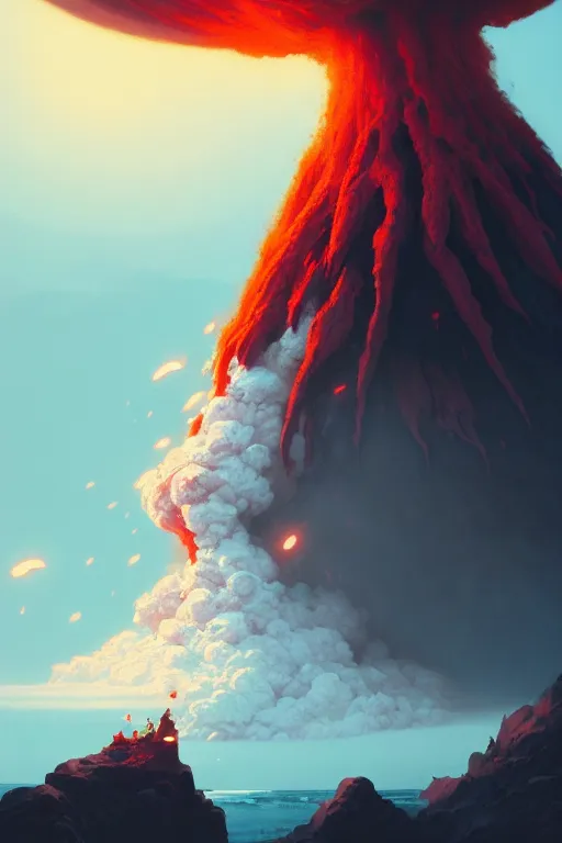 Image similar to coffee cup with volcano erupting from inside whipped cream, stephen bliss, unreal engine, fantasy art by greg rutkowski, rhads, ferdinand knab, makoto shinkai and lois van baarle, ilya kuvshinov, rossdraws, tom bagshaw, global illumination, radiant light, red blue theme, pine forest