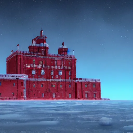 Image similar to Red Citadel on Arctic Ice. the image is like beautiful dream, 4k post-processing highly detailed, art station, unreal engine + cinematography by Wes Anderson, Wide angle shot, futuristic, volumetric light, Fuji film, intricate detail, hyperreal, hyperrealistic, 4K, Octane render, unreal engine cinematic, sublime atmosphere