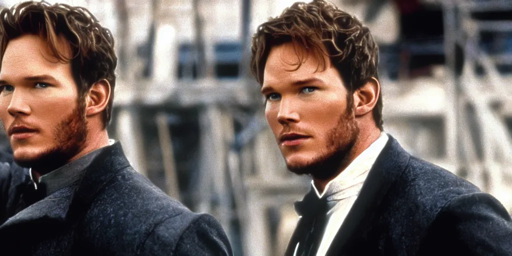 Prompt: A full color still of Chris Pratt in Titanic, 1997, 35mm, Directed by James Cameron