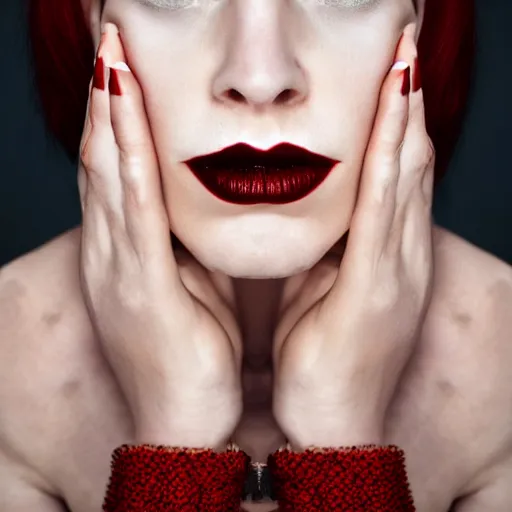 Image similar to a close up portrait of a pale woman vampire with red hair, award winning photography, ultra high detail, hd, 8k, by Martin Schoeller