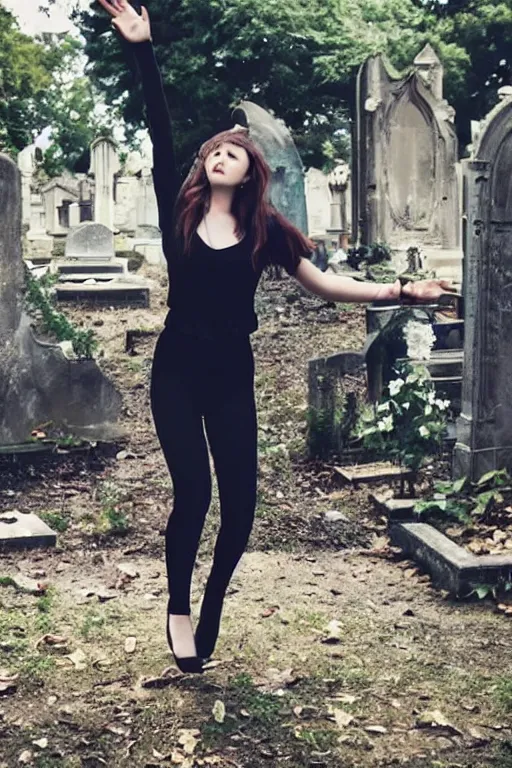 Image similar to egirl doing a shuffle dance in an abandoned graveyard, aesthetic!!, clean composition, outdoor lighting, beautiful highly symmetric face, gazing eyes