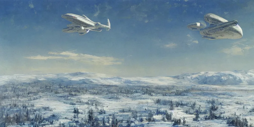 Prompt: white giant spaceship starship airship in center on tansy field at foot on snowy mountain by Fernand Khnopff by john berkey, oil painting, concept art