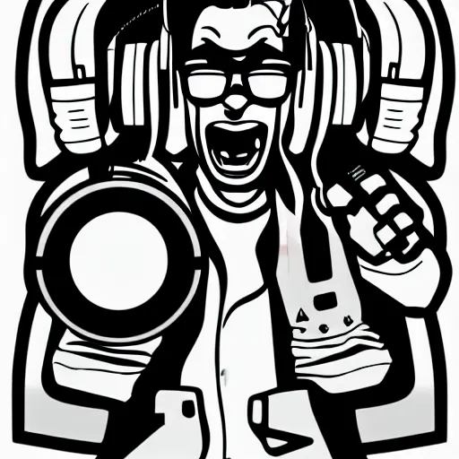 Image similar to svg vector sticker of absolutely insane-mad-scientist-villain, rocking out, wearing headphones, huge speakers, dancing, rave, DJ, spinning records, digital art, amazing composition, rule-of-thirds, award-winning, trending on artstation, featured on deviantart