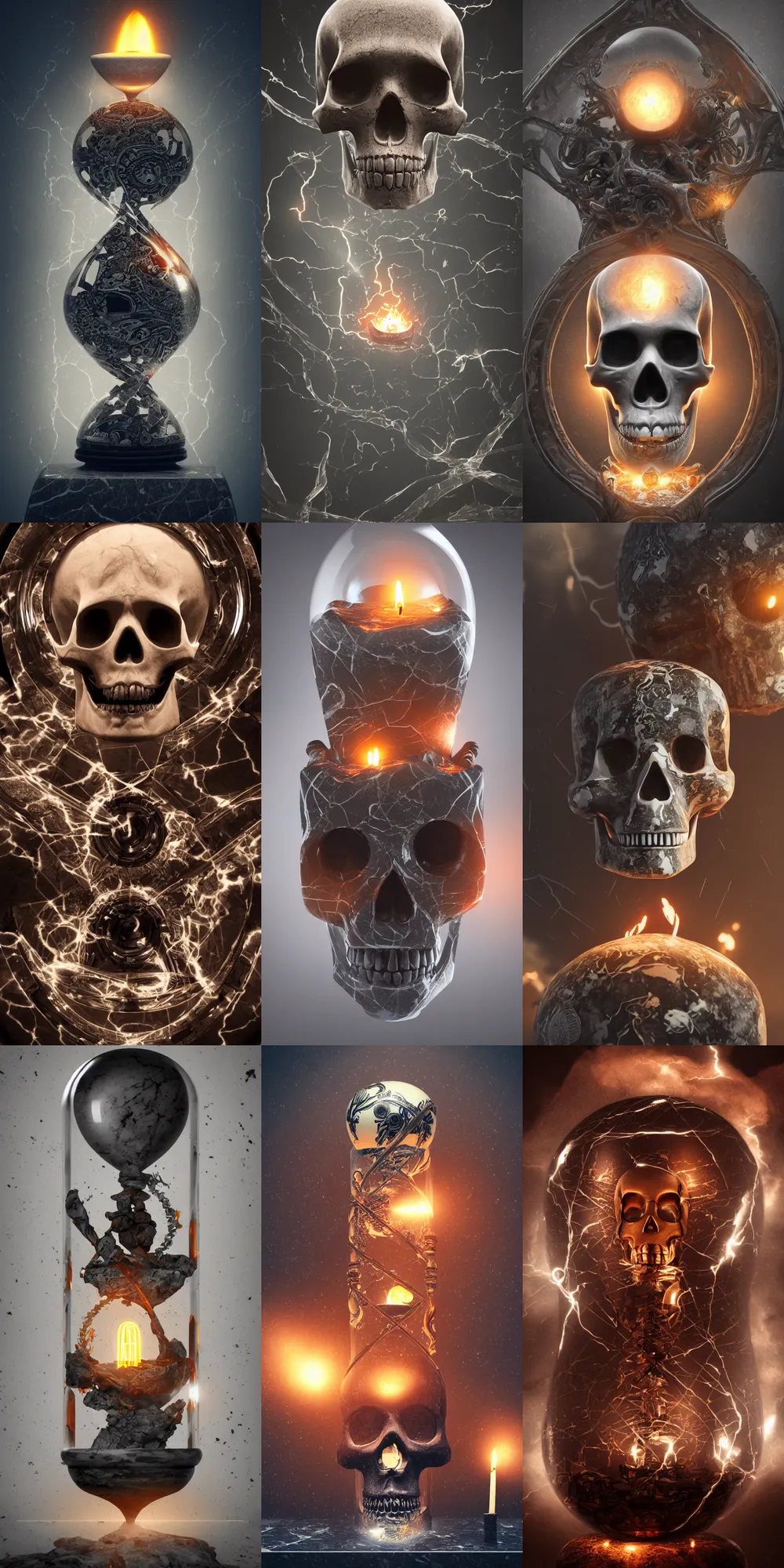 Prompt: aztec skull inside a marble, hourglass, lightning, intricate detail, volumetric lighting, epic composition, hyper detailed, ultra realistic, sharp focus, octane render, candle, volumetric, ray tracing, artstation trending, cgsociety, sense of awe, swirling mist, 4 k