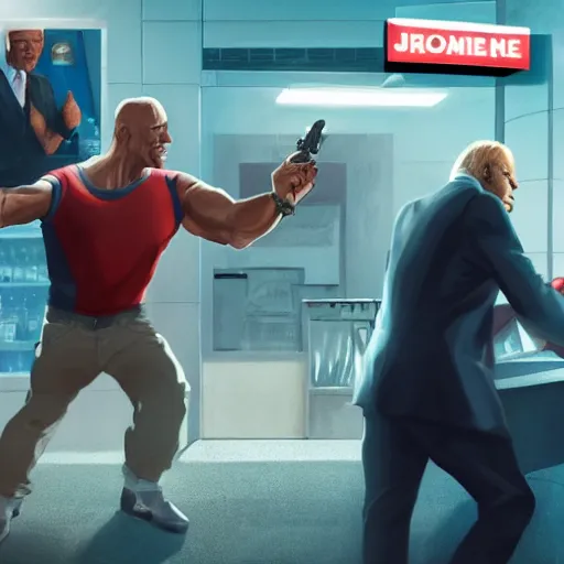 Image similar to dwayne the rock johnson robbing a 7 / 1 1 with joe biden and obama, cinematic, fantasy artwork, dyanic lighting, detailed, raytracing, realistic