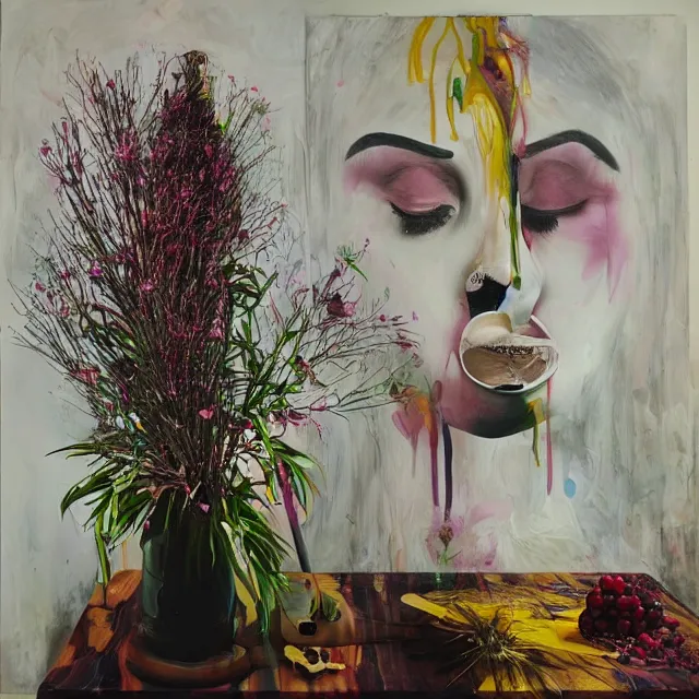 Image similar to “ a portrait in a female art student ’ s apartment, sensual, australian wildflowers, flax, flannel flower, bottlebrush, half - finished sculpture, sculpture work in progress, a candle dripping white wax, clay, squashed berries, berry juice drips, acrylic and spray paint and oilstick on canvas, surrealism, neoexpressionism ”