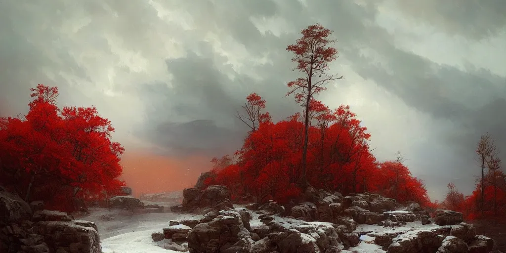 Image similar to A beautiful oil painting of a rocky valley covered in snow, trees with red leaves, thunderstorm in the sky, blue lighting, gloomy, atmospheric lighting, detailed, by greg rutkowski, trending on artstation