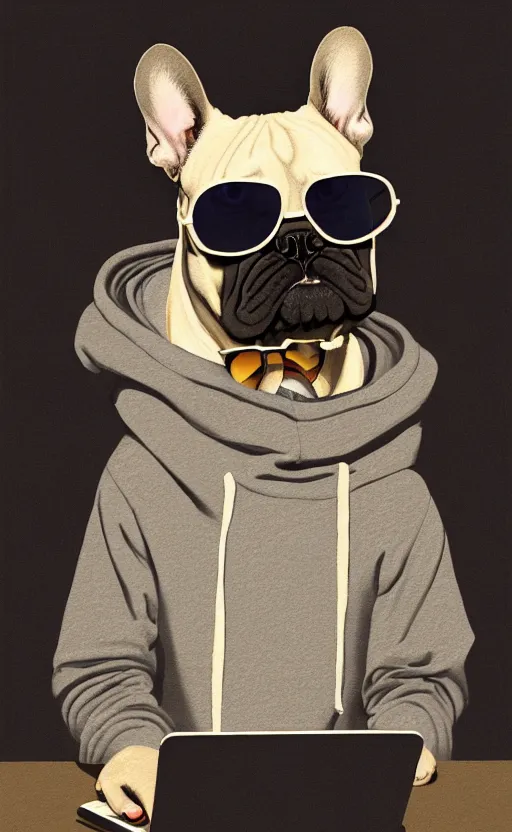 Prompt: detailed portrait of a french bulldog with a hoodie typing on his laptop at night wearing sunglasses, volumetric light, shallow depth by ismail inceoglu dragan bibin hans thoma greg rutkowski alexandros pyromallis nekro rene maritte illustrated, perfect face, fine details, realistic shaded, fine - face, direct glaze