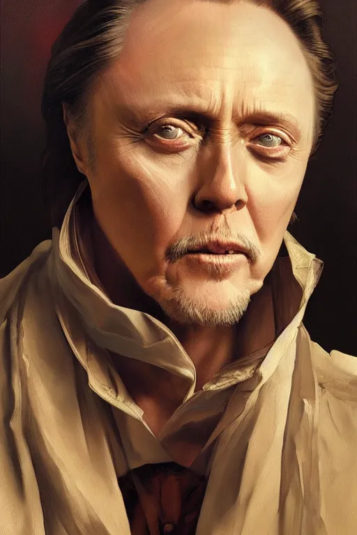 Prompt: portrait of christopher walken with a pierced eyebrow and goatee, high quality painting by artgerm and greg rutkowski and alphonse mucha